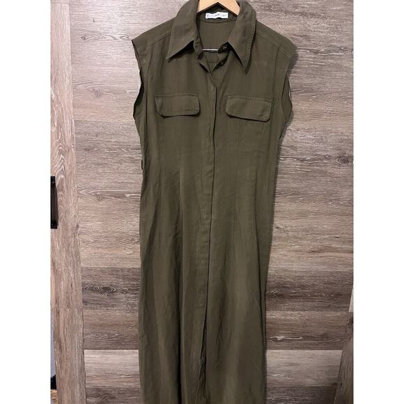 MNG By Mango Womens Green Cargo Dress Sz L Utility Collared Button Up Pockets - Picture 1 of 8